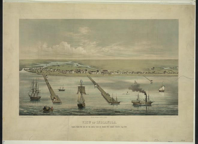 View of Indianola from the bay by Helmuth Holtz, on board the barque Texana, September 1860. During the mid-19th century, Indianola was the second-largest port in Texas and played a major role in shuttling immigrants to southern, central and western Texas.